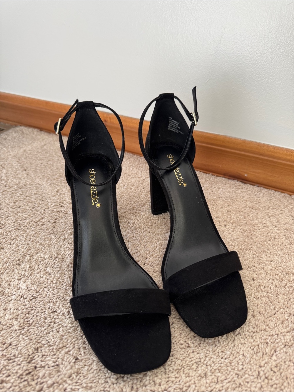 Shoe Dazzle Black Suede Ankle-Strap Block Heels